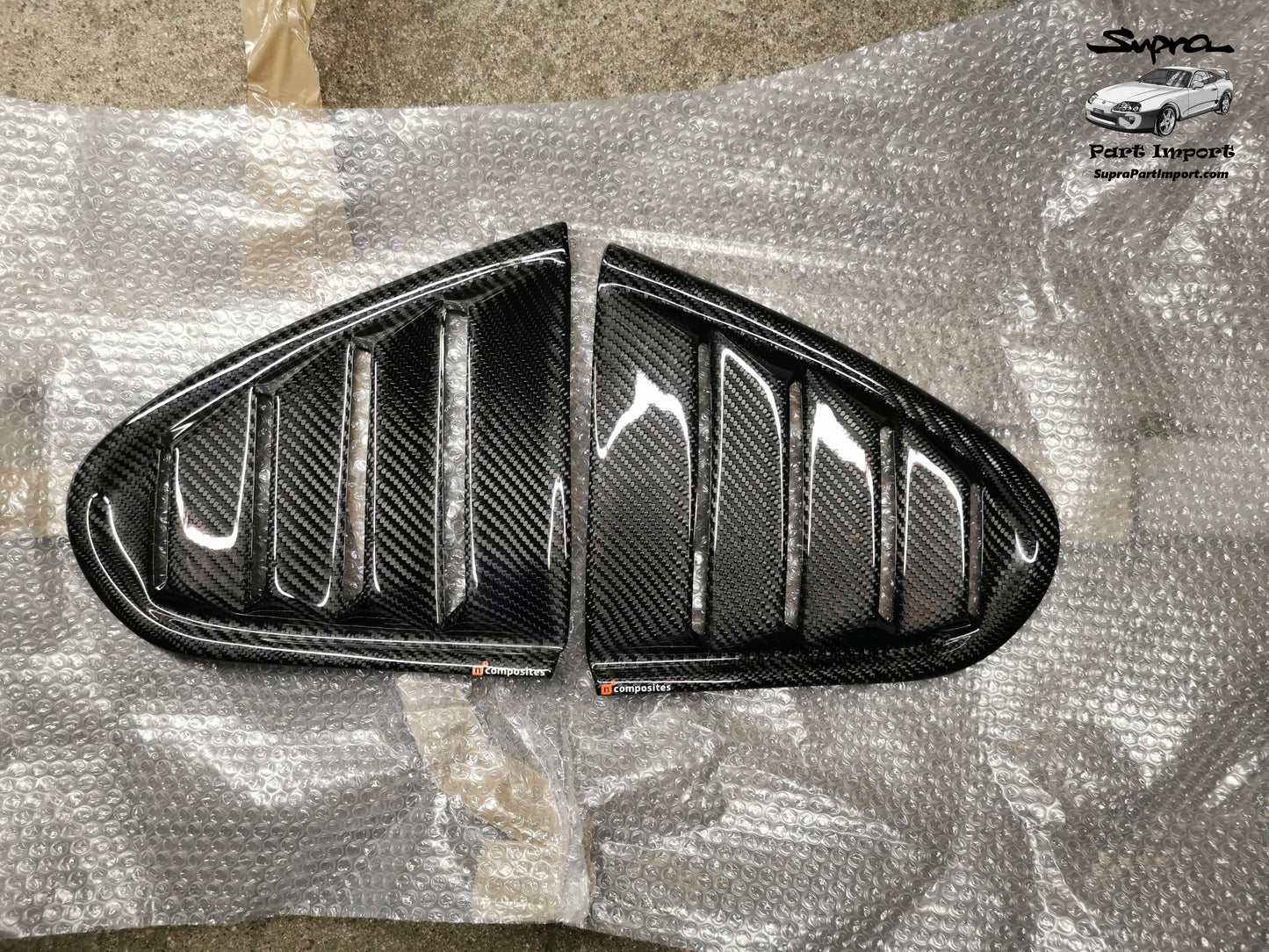 JZA80 Supra Aftermarket N1Composites Gloss 2x2 Carbon Fiber Rear Quarter Window Louvers