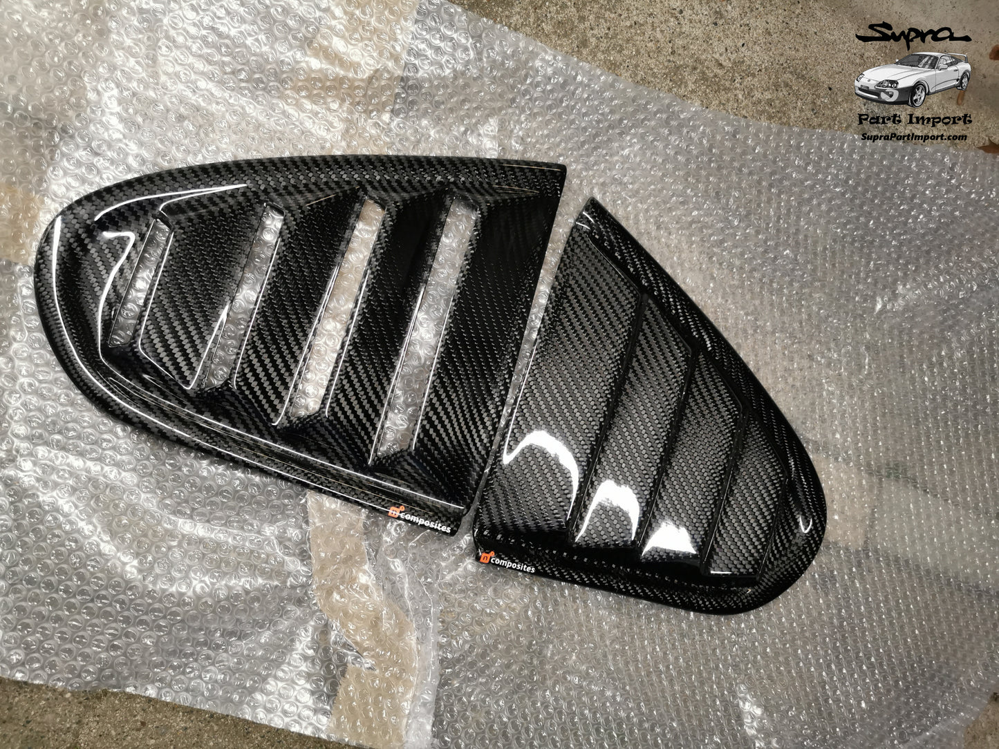 JZA80 Supra Aftermarket N1Composites Gloss 2x2 Carbon Fiber Rear Quarter Window Louvers