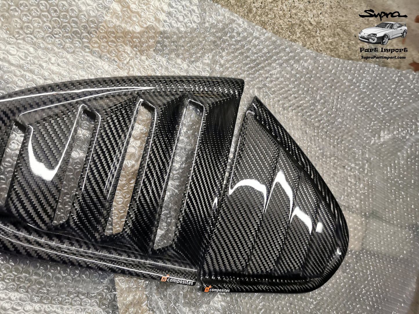 JZA80 Supra Aftermarket N1Composites Gloss 2x2 Carbon Fiber Rear Quarter Window Louvers