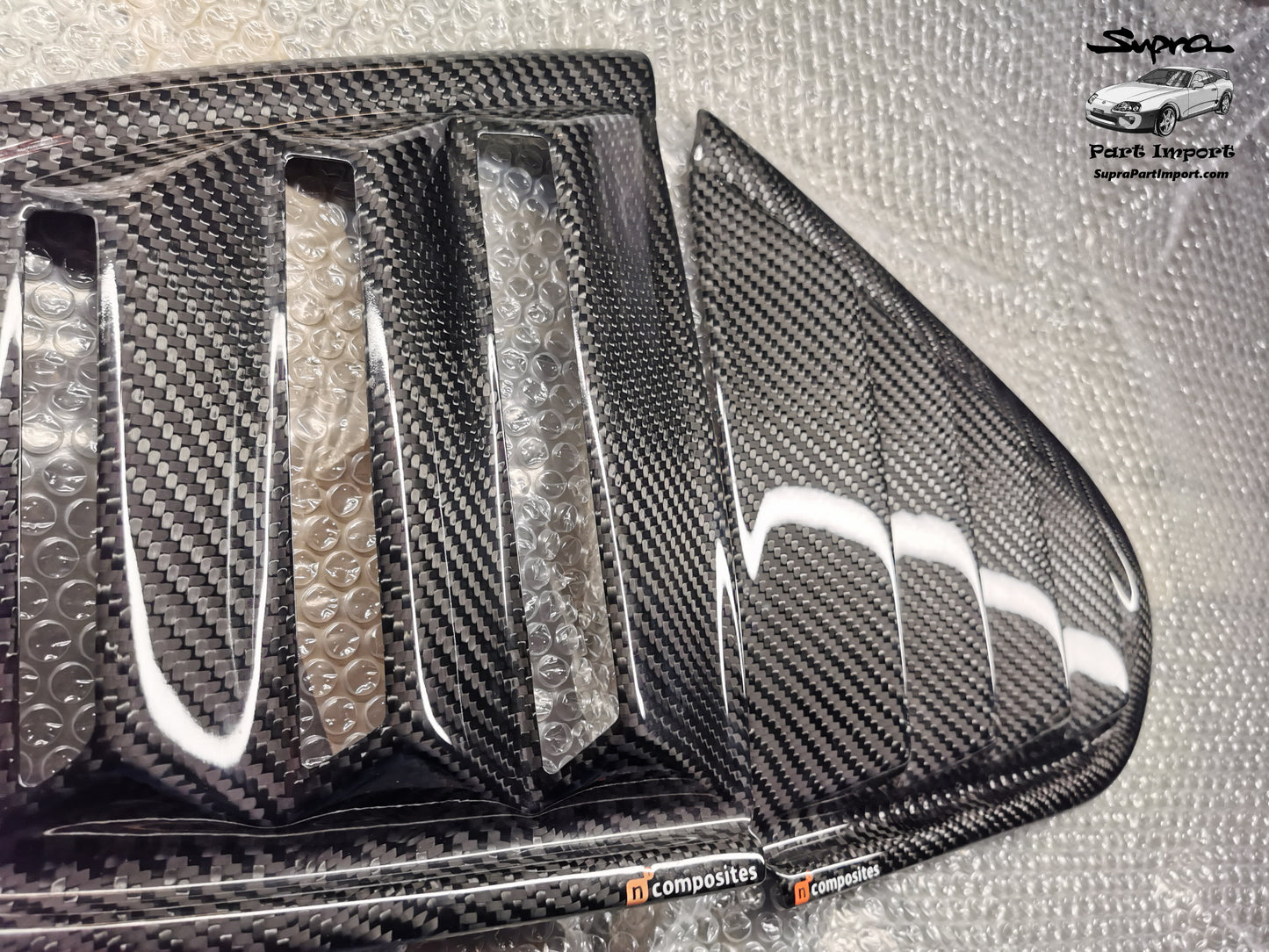 JZA80 Supra Aftermarket N1Composites Gloss 2x2 Carbon Fiber Rear Quarter Window Louvers