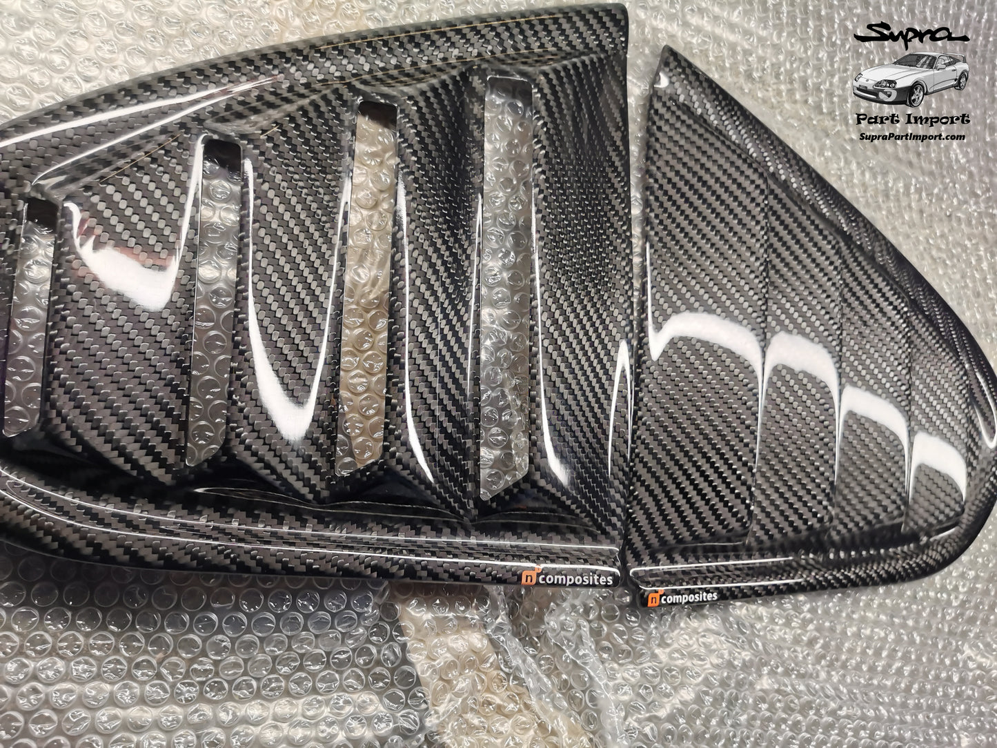 JZA80 Supra Aftermarket N1Composites Gloss 2x2 Carbon Fiber Rear Quarter Window Louvers