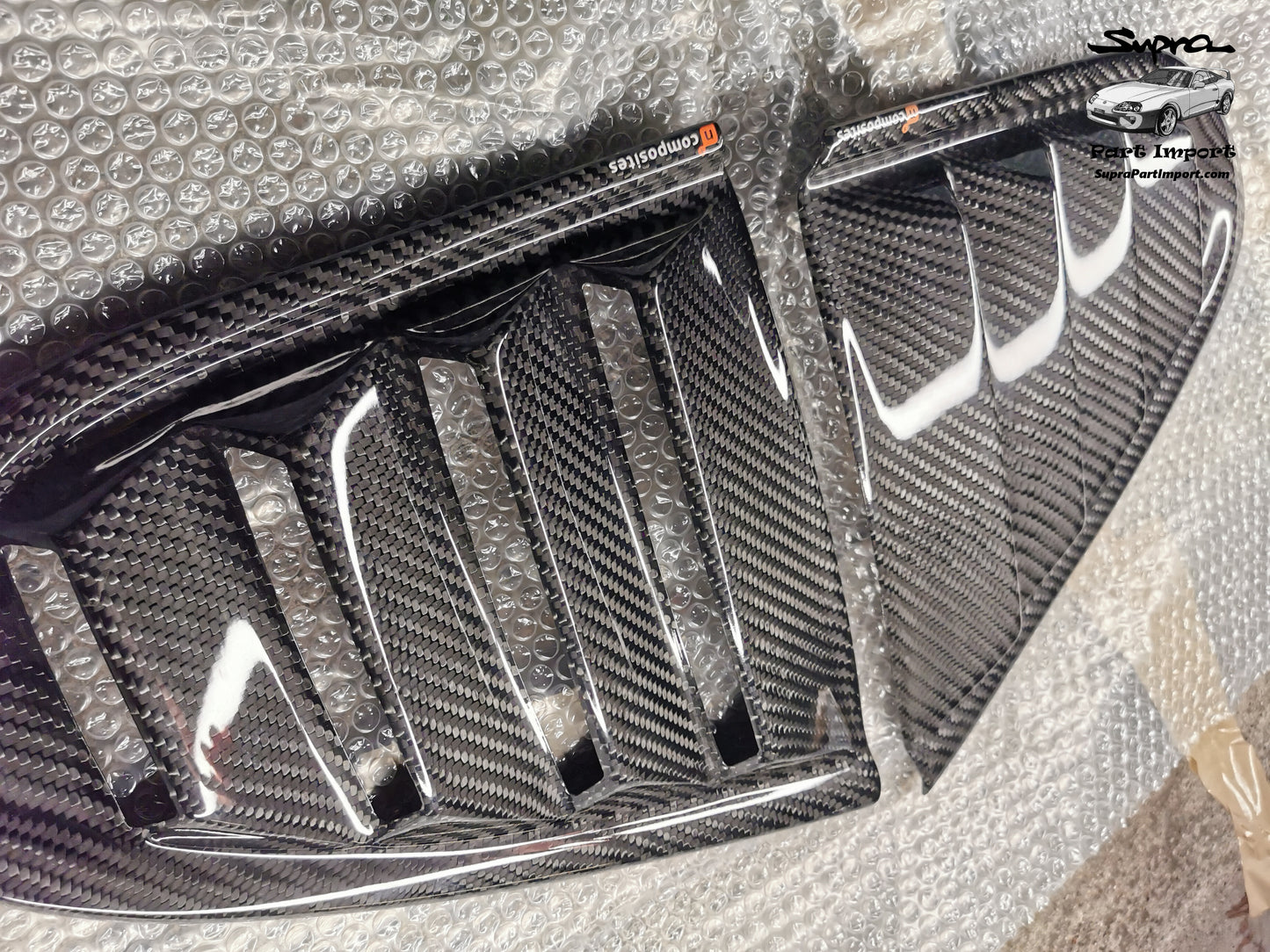 JZA80 Supra Aftermarket N1Composites Gloss 2x2 Carbon Fiber Rear Quarter Window Louvers